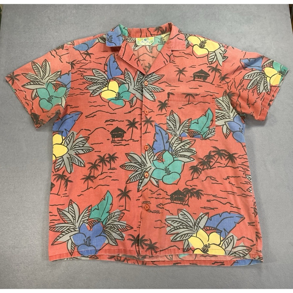 Vintage Mai-Tai Hawaiian Shirt Single Stitch Floral All Over Print Mens Medium